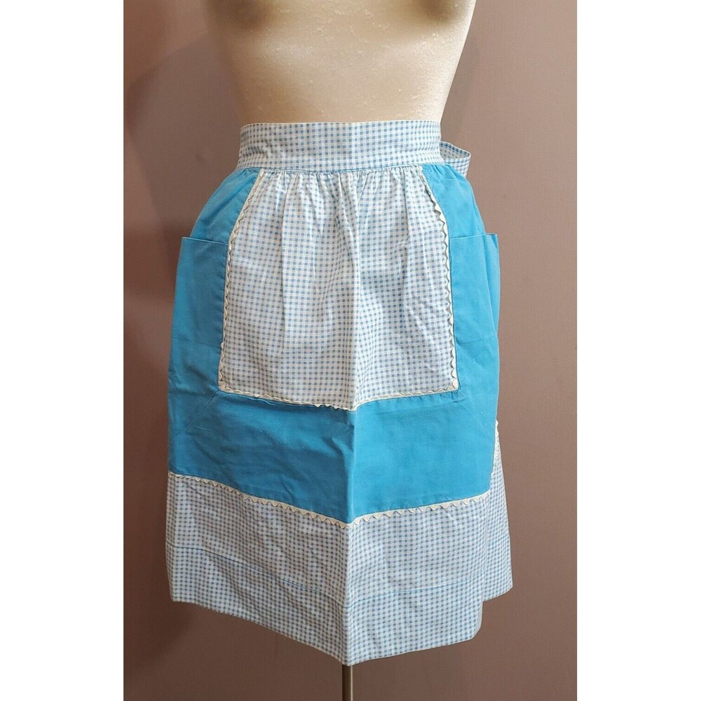 Vintage Half Apron Pleated Blue Check White Ric Rac Bow Tie Pockets Grannycore